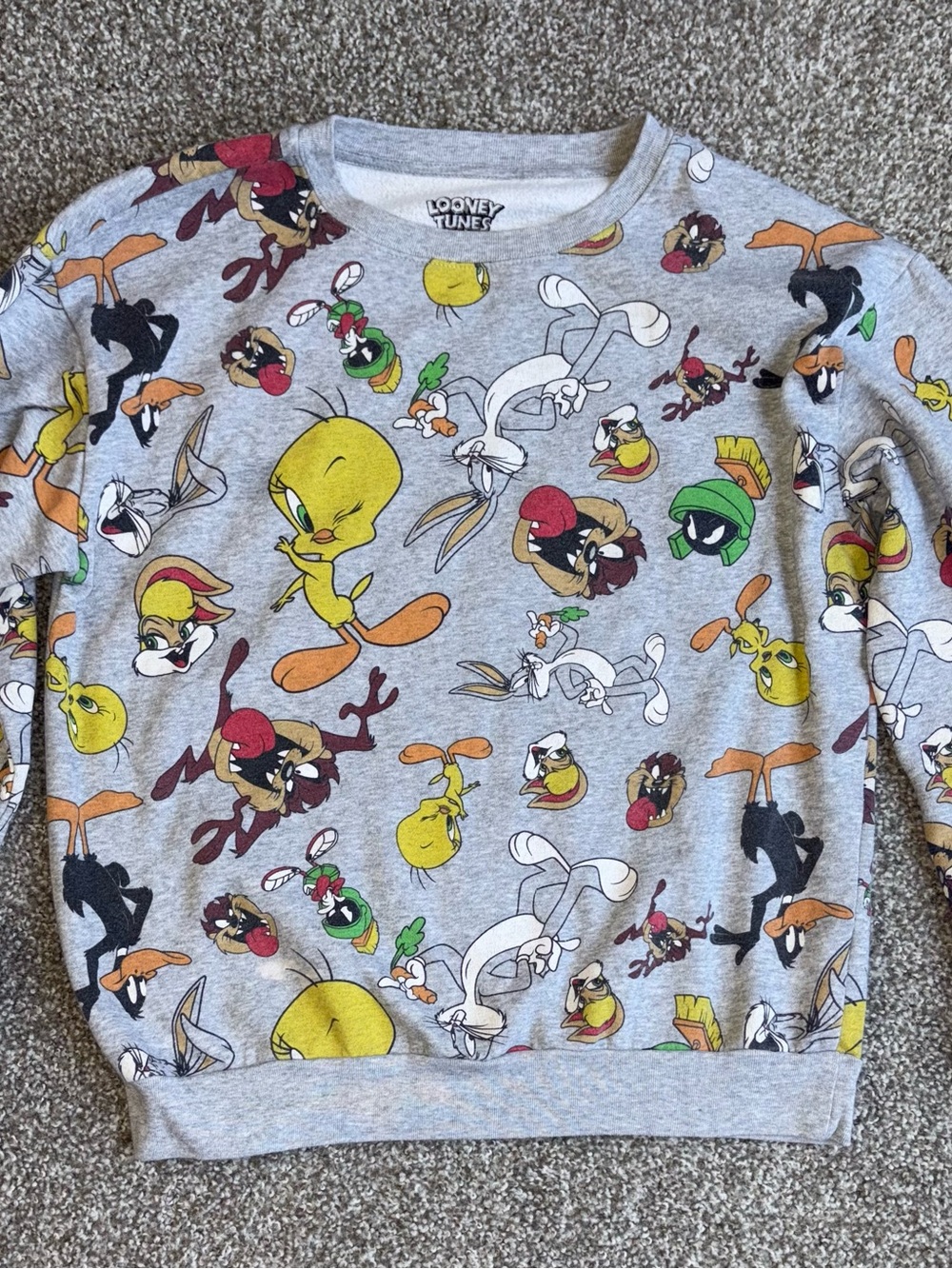 Looney Tunes Sweatshirt Size Medium Crewneck All Over Print Animated Characters